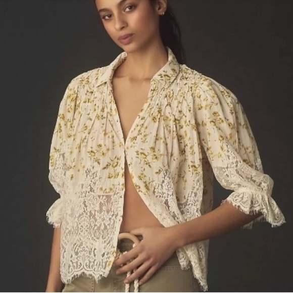 Anthropologie Ethereal Dainty Ditsy Floral Victorian Lace Cottage Blouse Size S - Picture 16 of 16